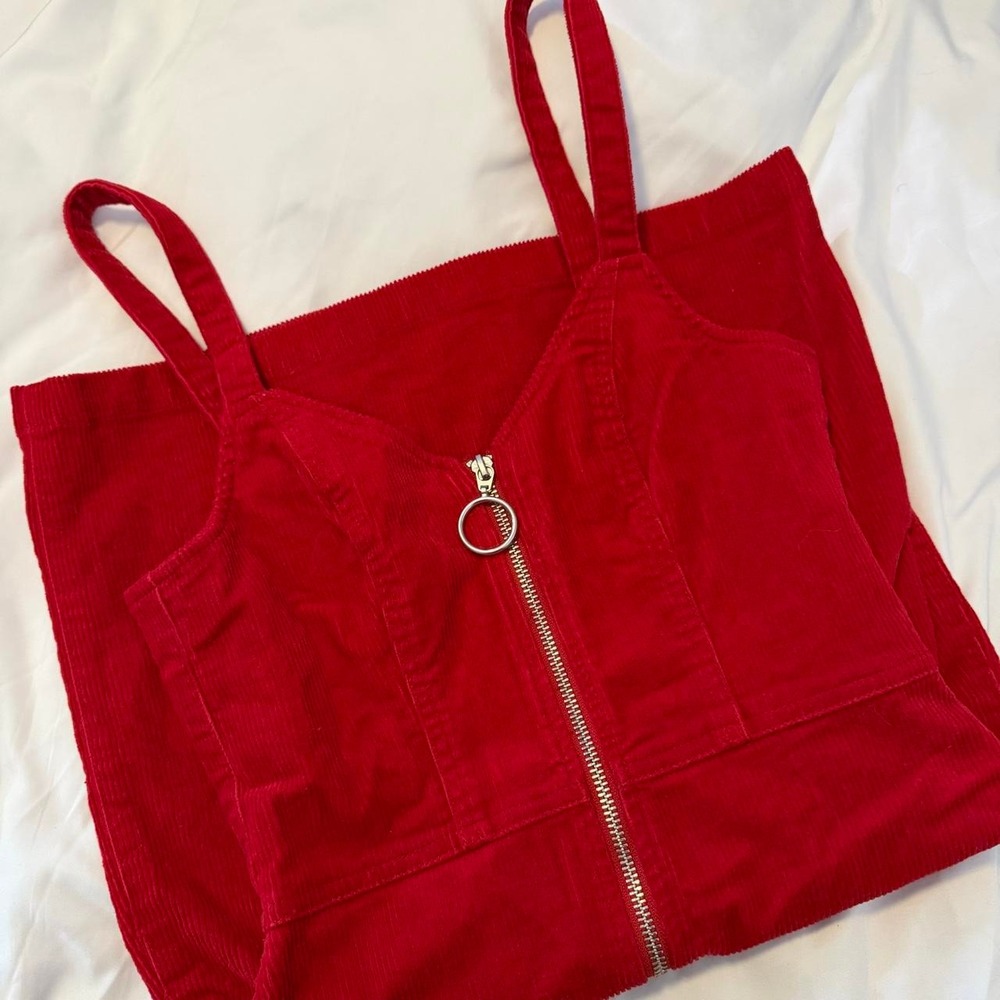 H&M Red Corduroy Zip Front Mini Dress O-Ring Sweetheart Neckline Size 0